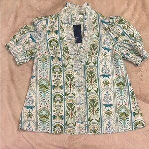 Crown & Ivy : Floral Patterned Blouse with Ruffled Neckline